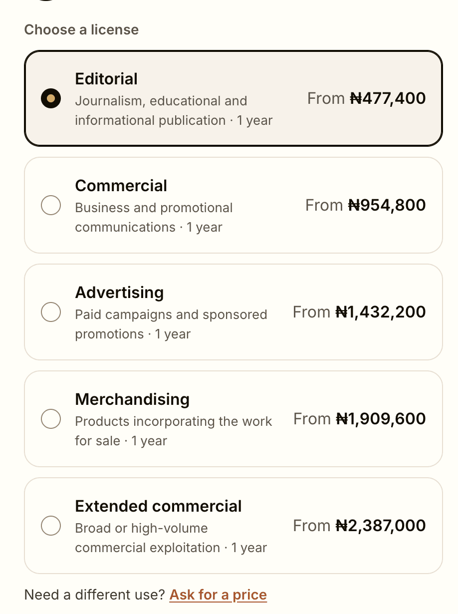 An ATLAS listing for an article by Som Adedayor in The Republic, with license types from Editorial to Extended commercial and a price for each.