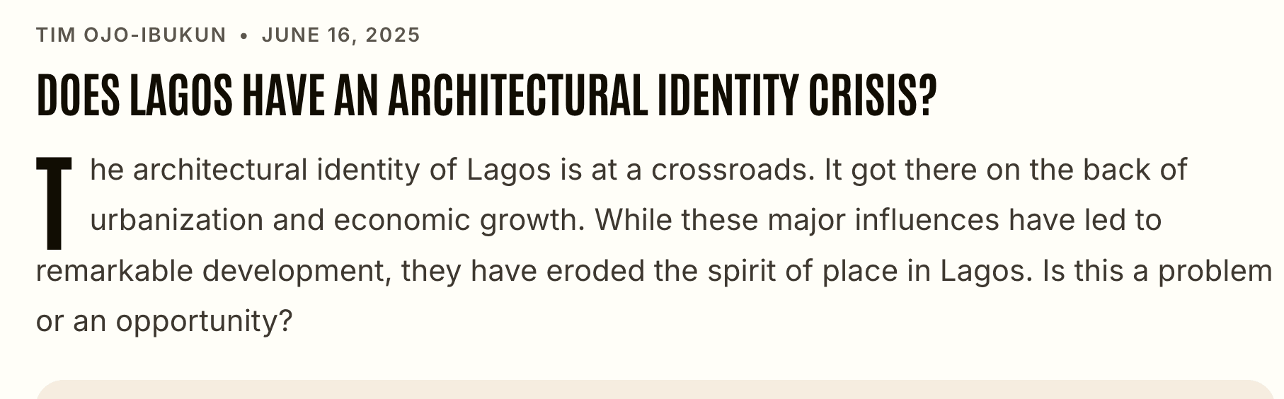 An ATLAS preview of an article by Tim Ojo-Ibukun on the architecture of Lagos, with its opening paragraph.